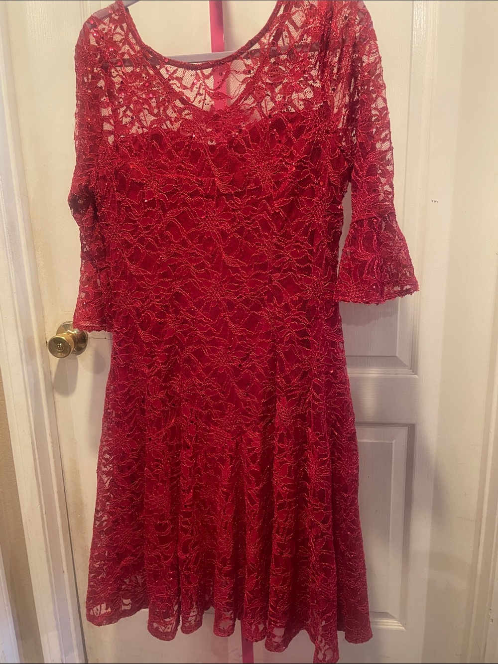 Red Lace Long-Sleeve Fit & Flare Dress